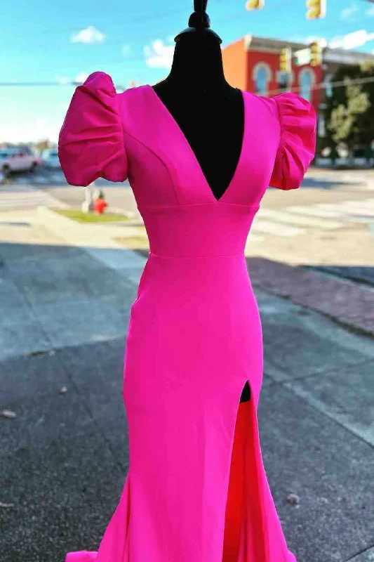 deep-v-neck-hot-pink-mermaid-long-prom-dress-with-balloon-sleeves