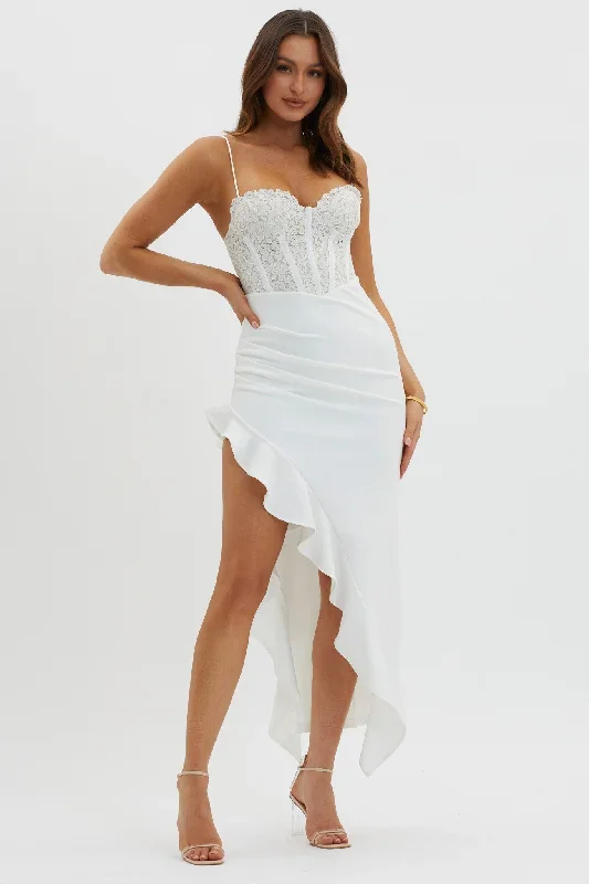 Doe Eyed Lace Bodice Split Dress White