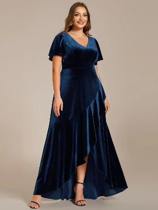 double-v-neck-short-sleeves-stretchy-velvet-evening-dress-with-lotus-leaf-hem-ee02041