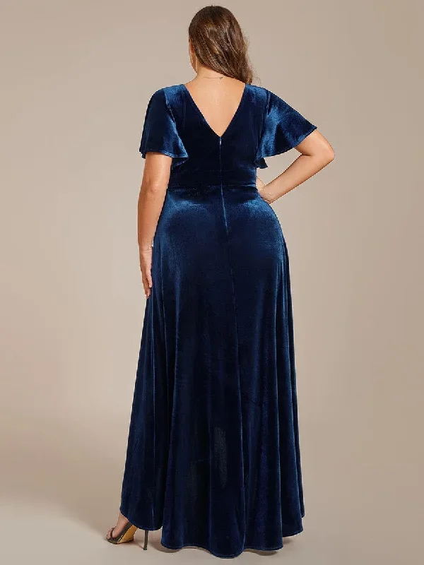 double-v-neck-short-sleeves-stretchy-velvet-evening-dress-with-lotus-leaf-hem-ee02041