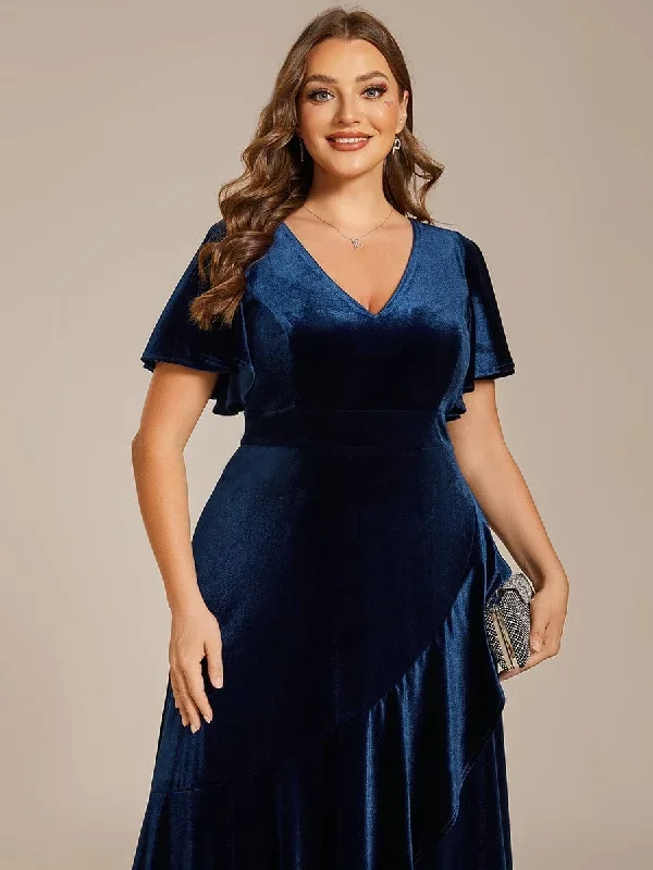 double-v-neck-short-sleeves-stretchy-velvet-evening-dress-with-lotus-leaf-hem-ee02041