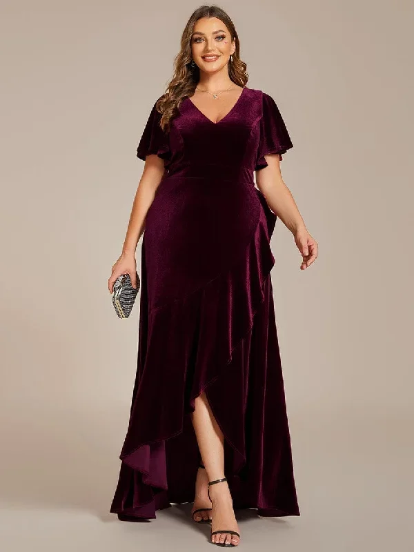 double-v-neck-short-sleeves-stretchy-velvet-evening-dress-with-lotus-leaf-hem-ee02041