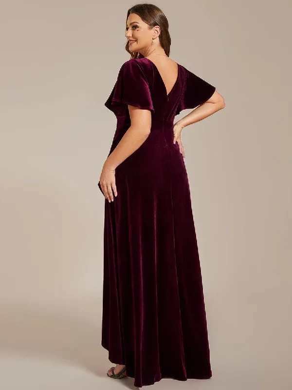 double-v-neck-short-sleeves-stretchy-velvet-evening-dress-with-lotus-leaf-hem-ee02041