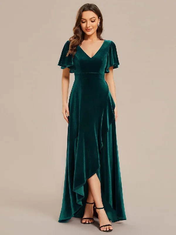 double-v-neck-short-sleeves-stretchy-velvet-evening-dress-with-lotus-leaf-hem-ee02041