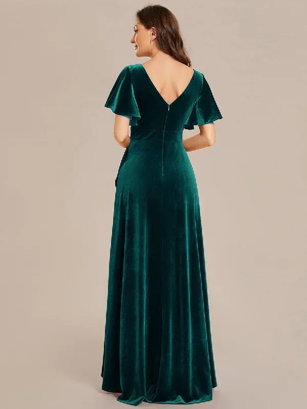 double-v-neck-short-sleeves-stretchy-velvet-evening-dress-with-lotus-leaf-hem-ee02041