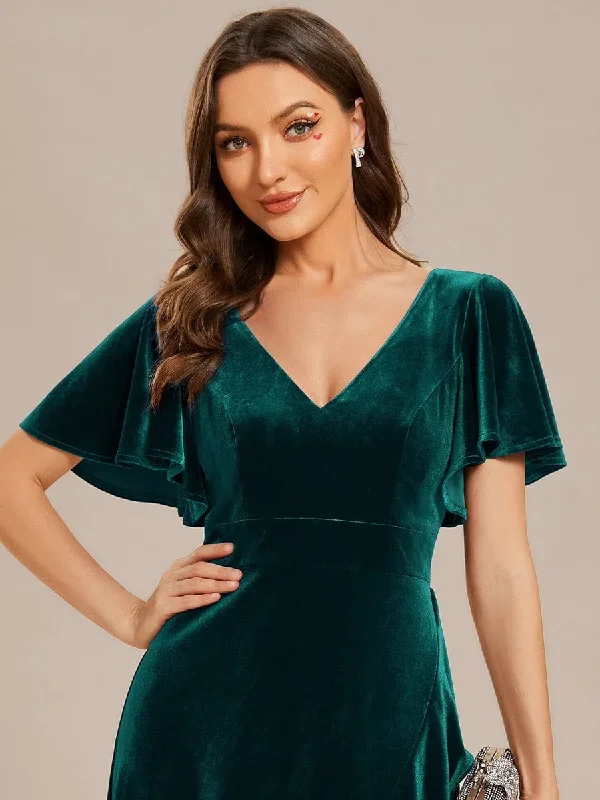 double-v-neck-short-sleeves-stretchy-velvet-evening-dress-with-lotus-leaf-hem-ee02041