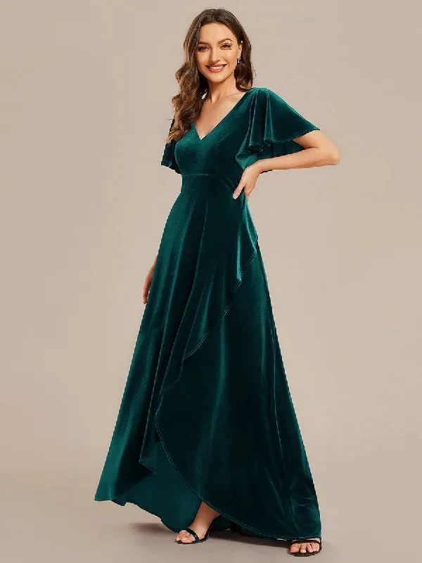 double-v-neck-short-sleeves-stretchy-velvet-evening-dress-with-lotus-leaf-hem-ee02041