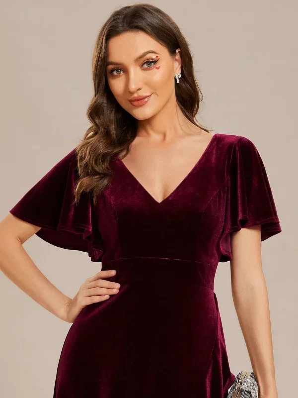 double-v-neck-short-sleeves-stretchy-velvet-evening-dress-with-lotus-leaf-hem-ee02041