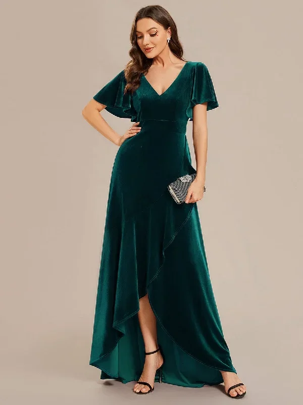 double-v-neck-short-sleeves-stretchy-velvet-evening-dress-with-lotus-leaf-hem-ee02041