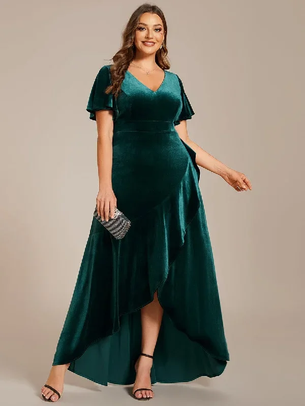 double-v-neck-short-sleeves-stretchy-velvet-evening-dress-with-lotus-leaf-hem-ee02041