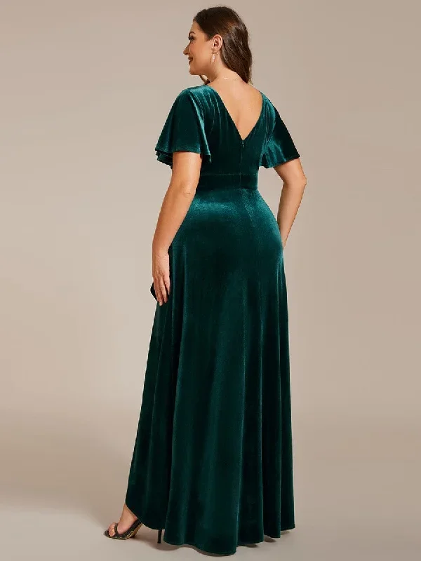 double-v-neck-short-sleeves-stretchy-velvet-evening-dress-with-lotus-leaf-hem-ee02041