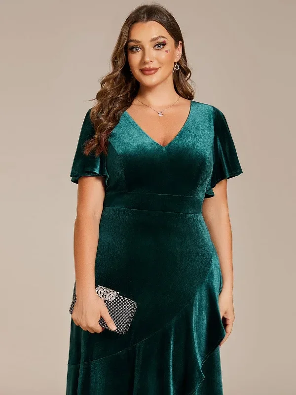 double-v-neck-short-sleeves-stretchy-velvet-evening-dress-with-lotus-leaf-hem-ee02041