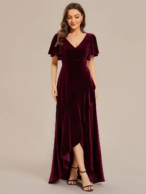 double-v-neck-short-sleeves-stretchy-velvet-evening-dress-with-lotus-leaf-hem-ee02041