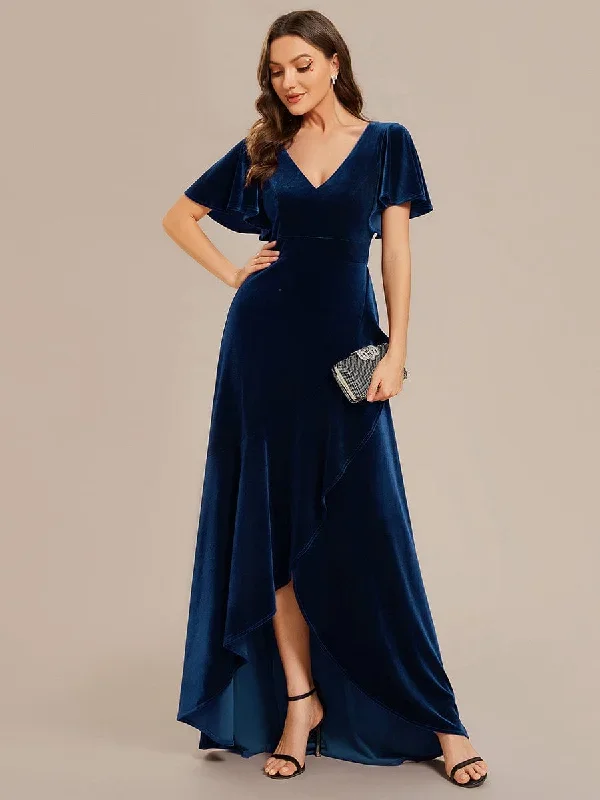 double-v-neck-short-sleeves-stretchy-velvet-evening-dress-with-lotus-leaf-hem-ee02041