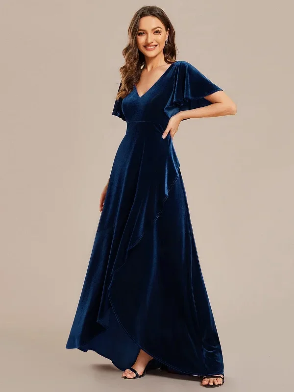 double-v-neck-short-sleeves-stretchy-velvet-evening-dress-with-lotus-leaf-hem-ee02041