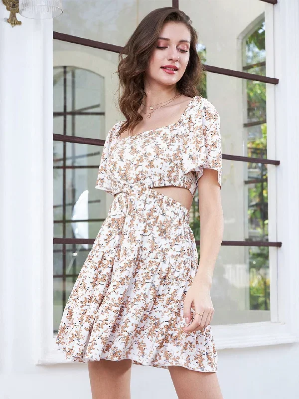 Berrylush Women White & Brown Floral Printed Square Neck Flutter Sleeves Cutout Crepe Fit & Flare Mini Dress