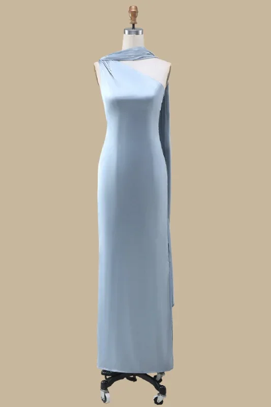 Dusty Blue One-Shoulder Maxi Dress with Sash