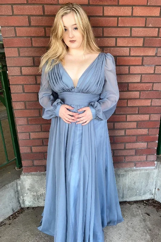 Dusty Blue Plunge Long Sleeve Bridesmaid Dress