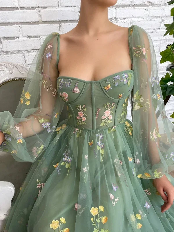 elegant-green-long-sleeves-tulle-tea-length-prom-dress-green-evening-dress