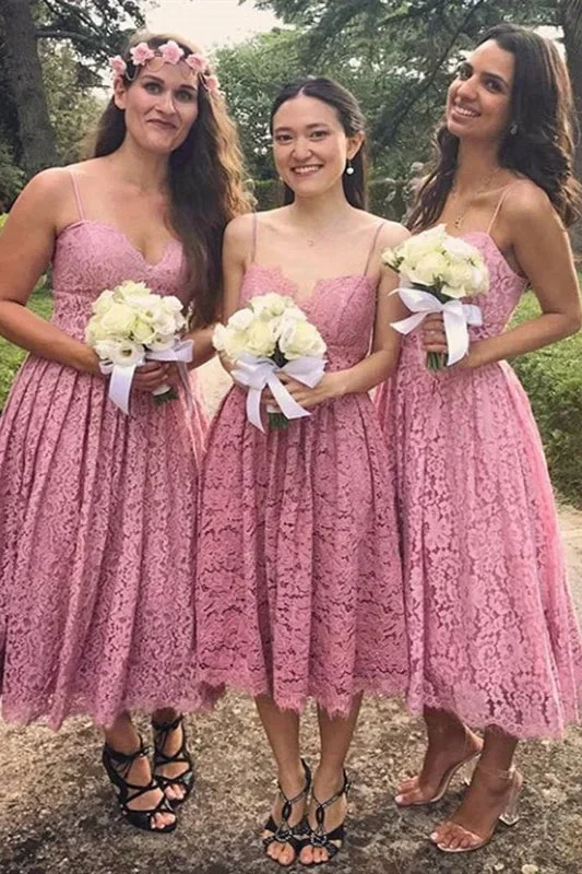 Elegant Tea-Length Spaghetti Strap Dusty Rose Bridesmaid Dress