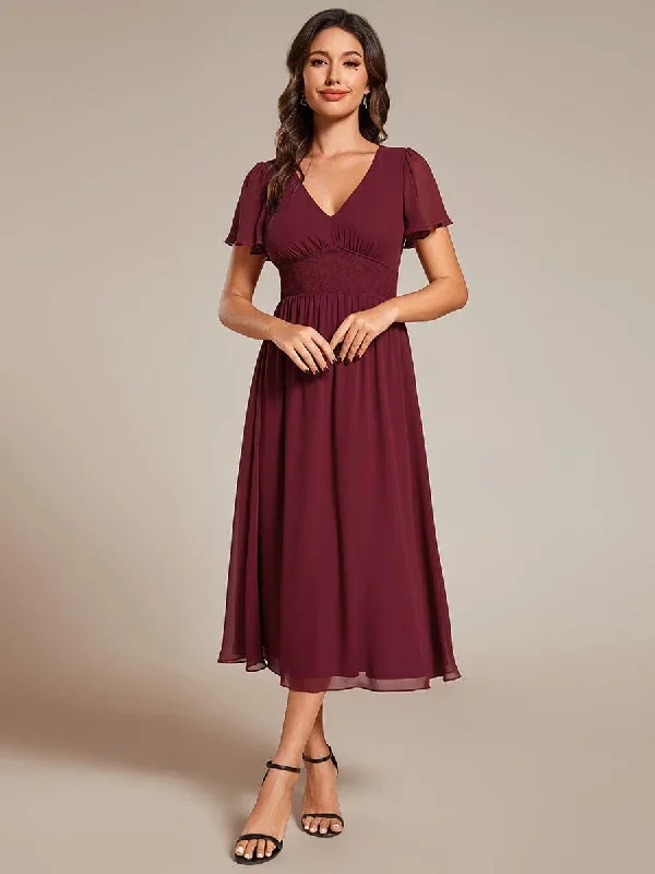 Elegant V-Neck Ruffle Sleeves Empire Waist Wedding Guest Dress in Chiffon