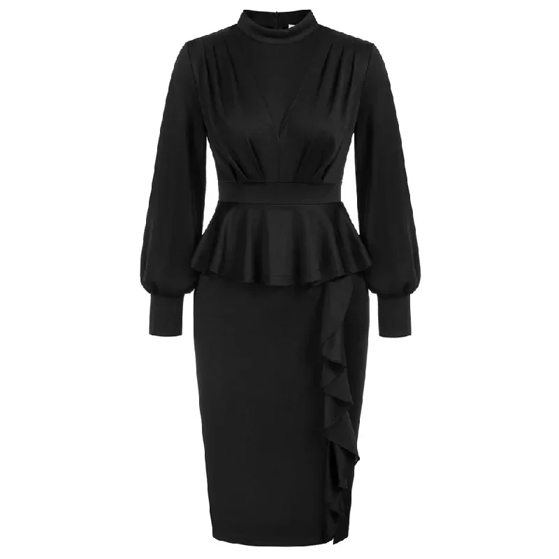 fans-look-of-peplum-bodycon-dress-long-lantern-sleeve-high-neck-dress