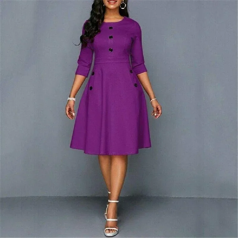 FashionSierra - Fashion Women Retro Tunic 3/4 Long Sleeved Solid Bodycon Dresses