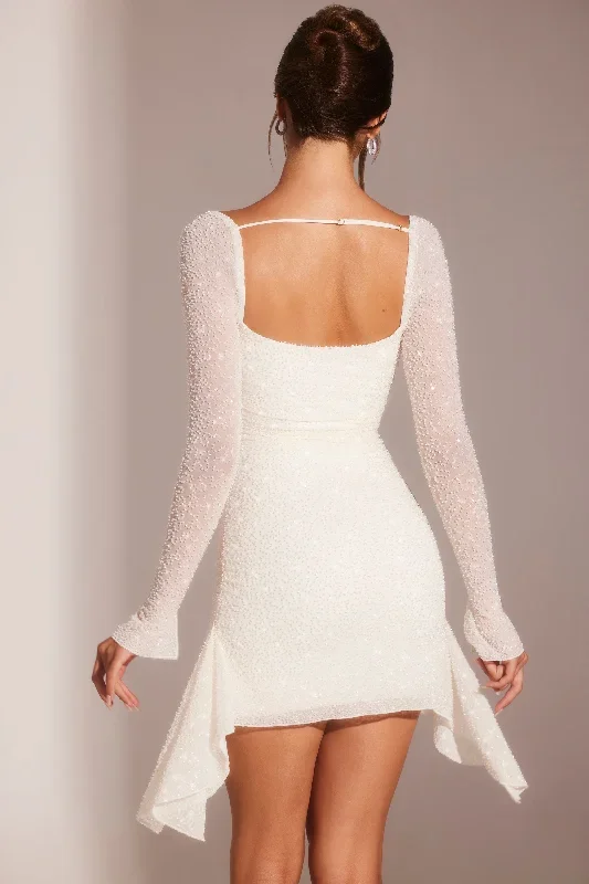 ferrara-embellished-cowl-neck-side-drape-flare-sleeve-mini-dress-white