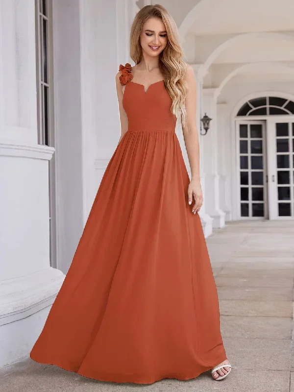 Floral Strap V-Neck Chiffon Bridesmaid Dress with A-Line Silhouette