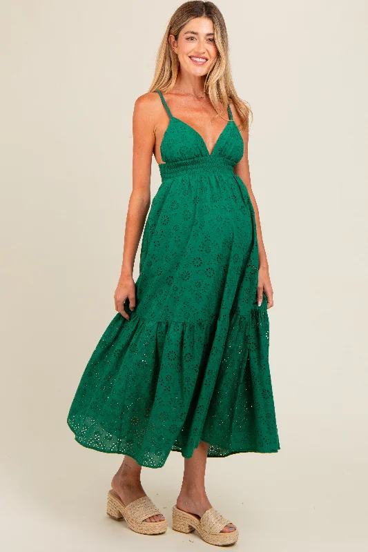 forest-green-eyelet-lace-smocked-cutout-maternity-maxi-dress