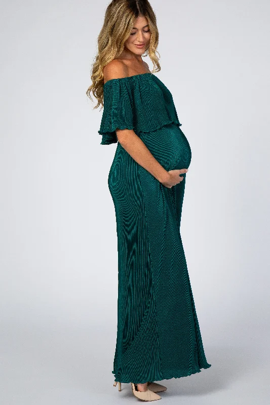 forest-green-pleated-ruffle-off-shoulder-maternity-maxi-dress