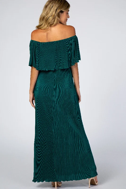 forest-green-pleated-ruffle-off-shoulder-maternity-maxi-dress