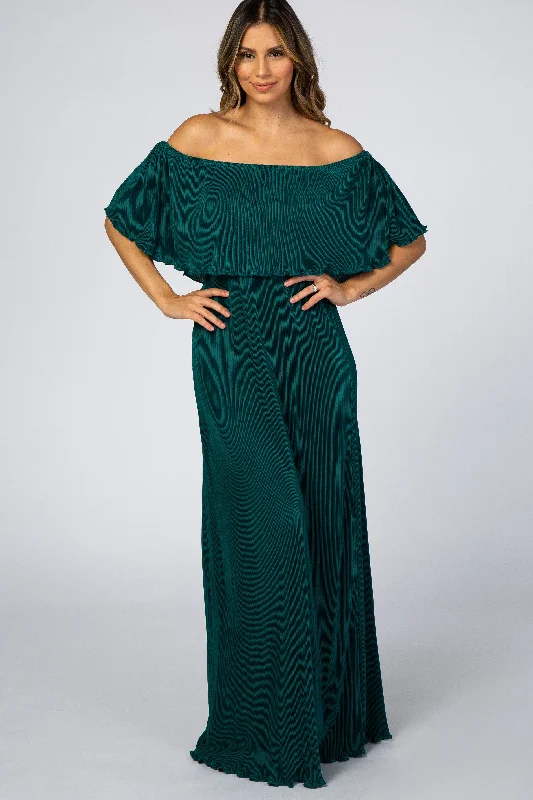 forest-green-pleated-ruffle-off-shoulder-maternity-maxi-dress