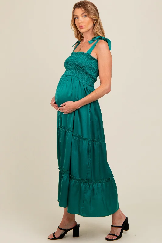 forest-green-satin-smocked-maternity-maxi-dress