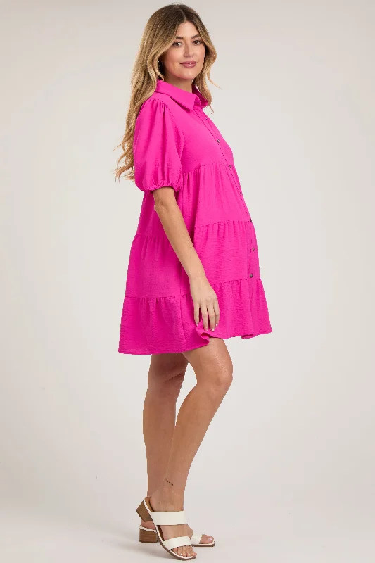 fuchsia-button-front-tiered-collared-maternity-dress