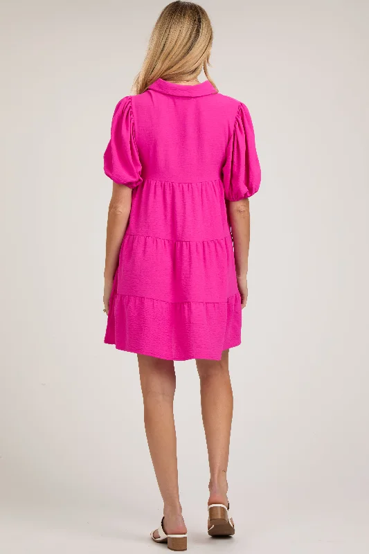 fuchsia-button-front-tiered-collared-maternity-dress