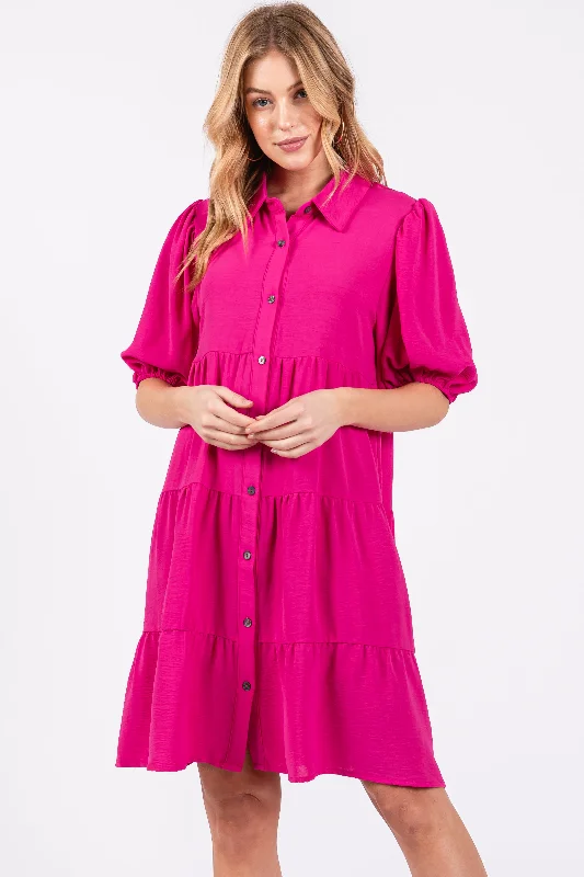 fuchsia-button-front-tiered-collared-maternity-dress