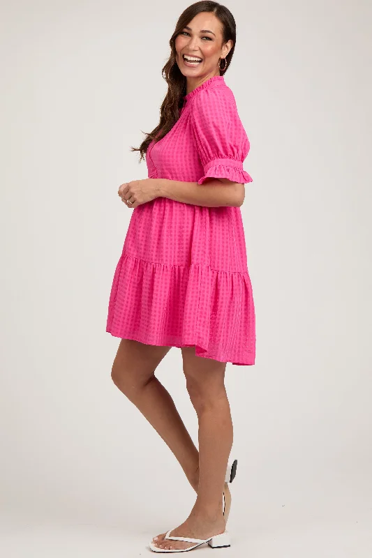 fuchsia-buttoned-down-short-sleeve-maternity-dress