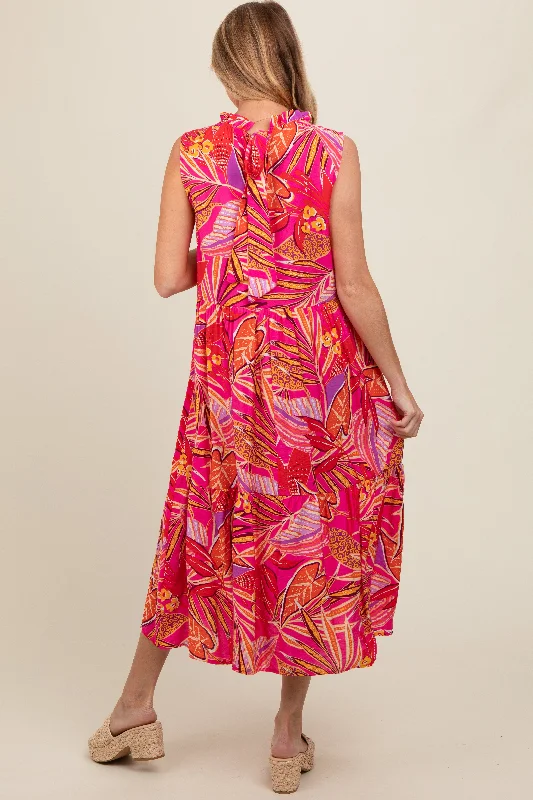 fuchsia-floral-ruffle-mock-neck-tiered-maternity-midi-dress