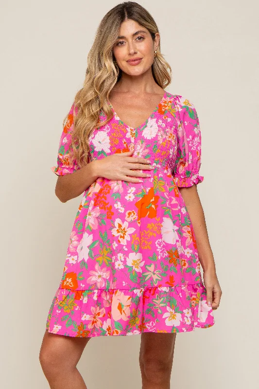 Fuchsia Floral Smocked Puff Sleeve Maternity Dress