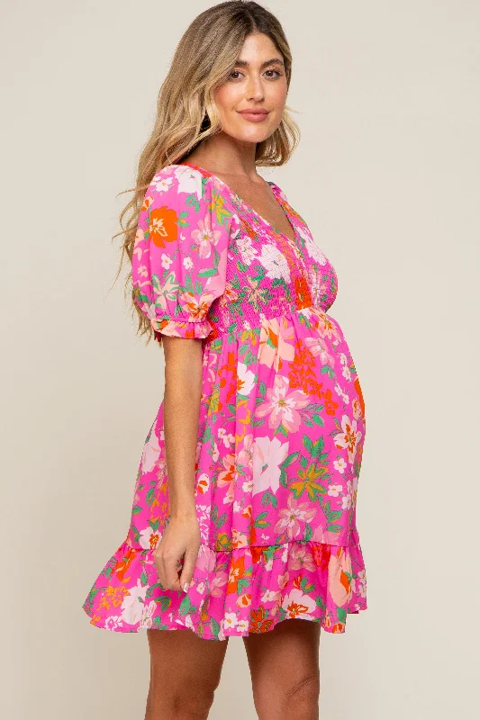 fuchsia-floral-smocked-puff-sleeve-maternity-dress-2