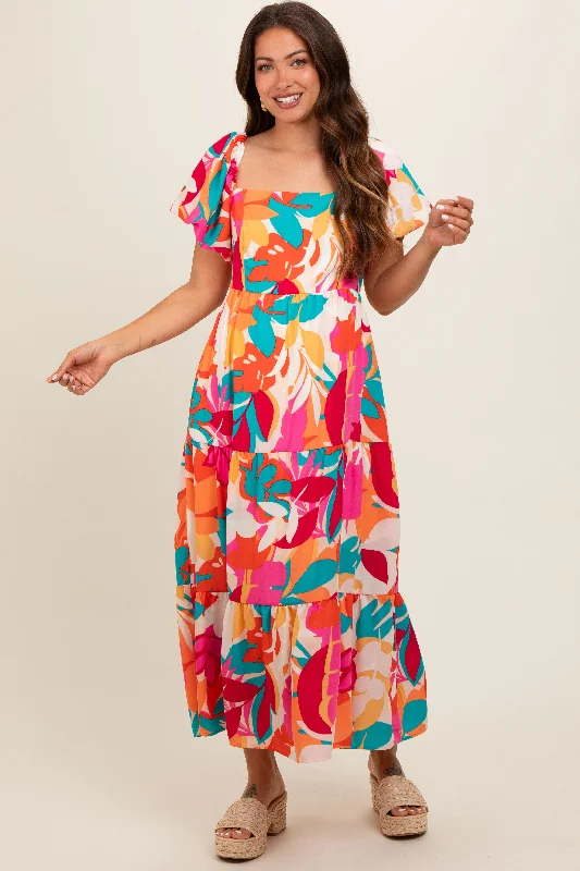 fuchsia-leaf-print-maternity-maxi-dress