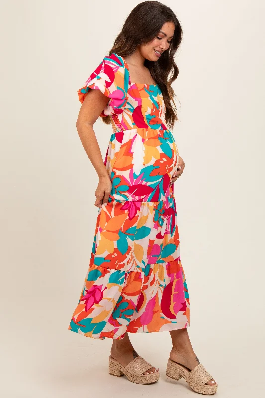 fuchsia-leaf-print-maternity-maxi-dress