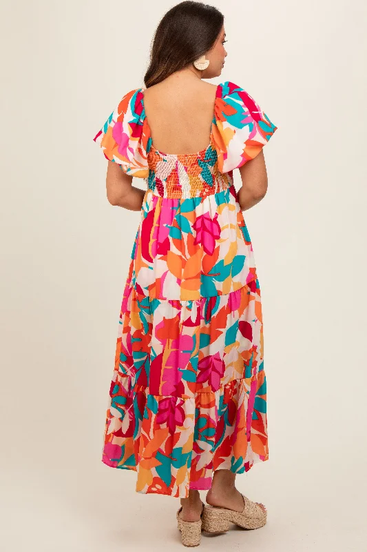 fuchsia-leaf-print-maternity-maxi-dress