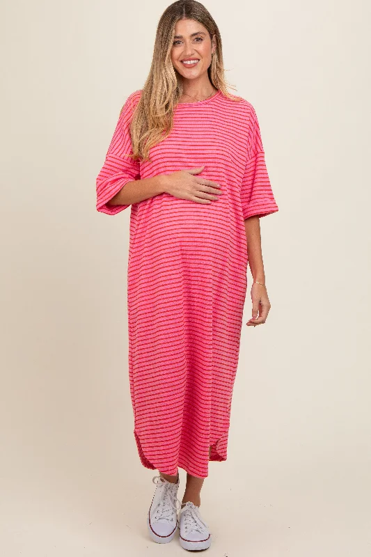 Fuchsia Striped Terry Maternity Maxi Dress