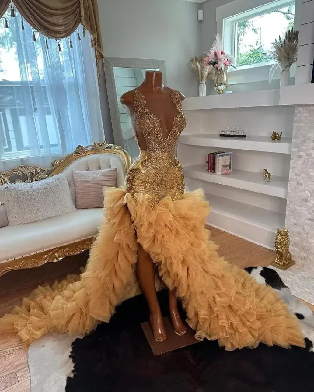 Gold High Low Black Girl Prom Dress for Women 2024 Sparkly Diamond Crystal Ruffles Skirt Mermaid Wedding Party Gown