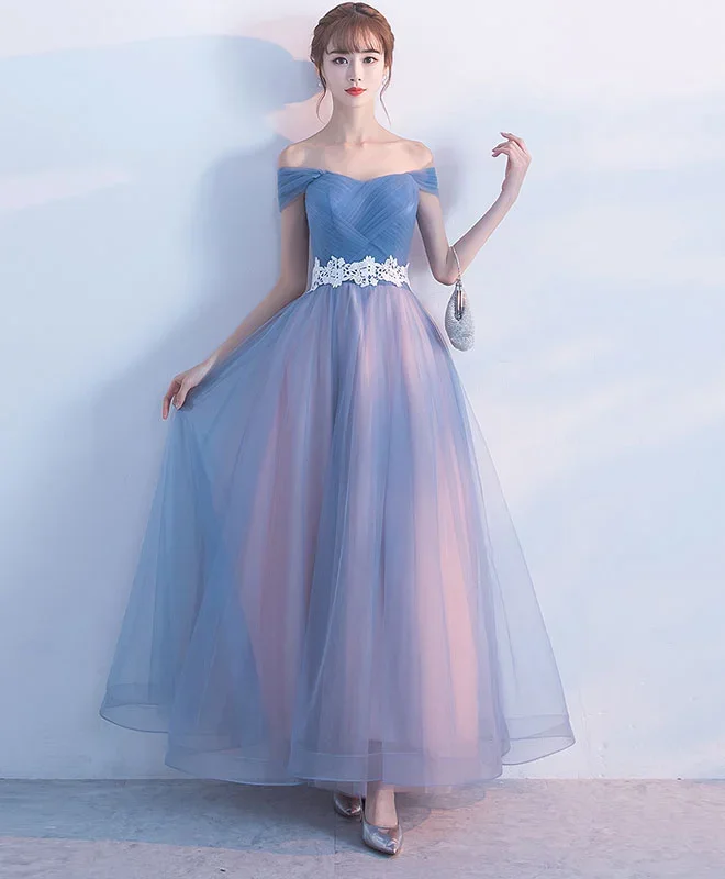 Gray Blue Tulle Long Prom Dress, Gray Blue Tulle Bridesmaid Dress