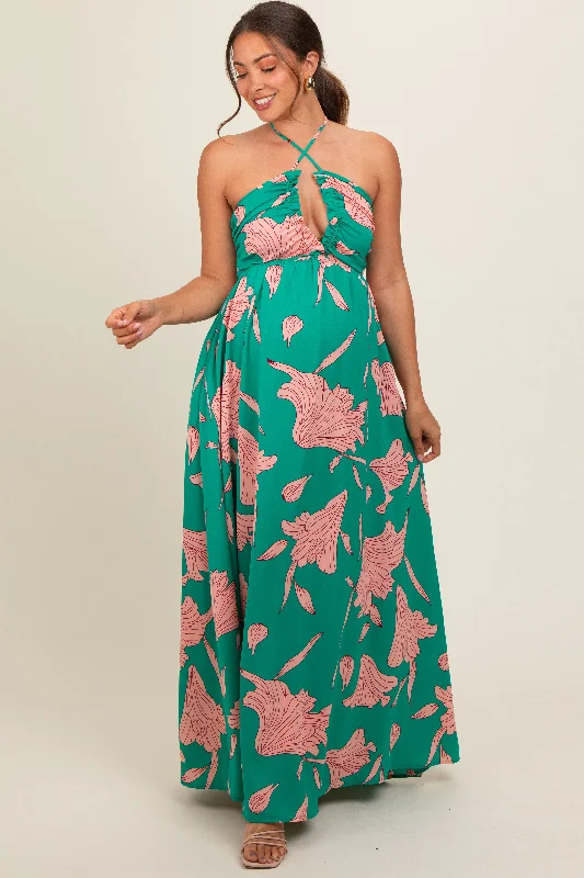 green-floral-chiffon-front-ruched-halter-maternity-maxi-dress