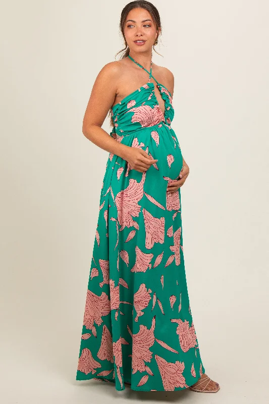 green-floral-chiffon-front-ruched-halter-maternity-maxi-dress