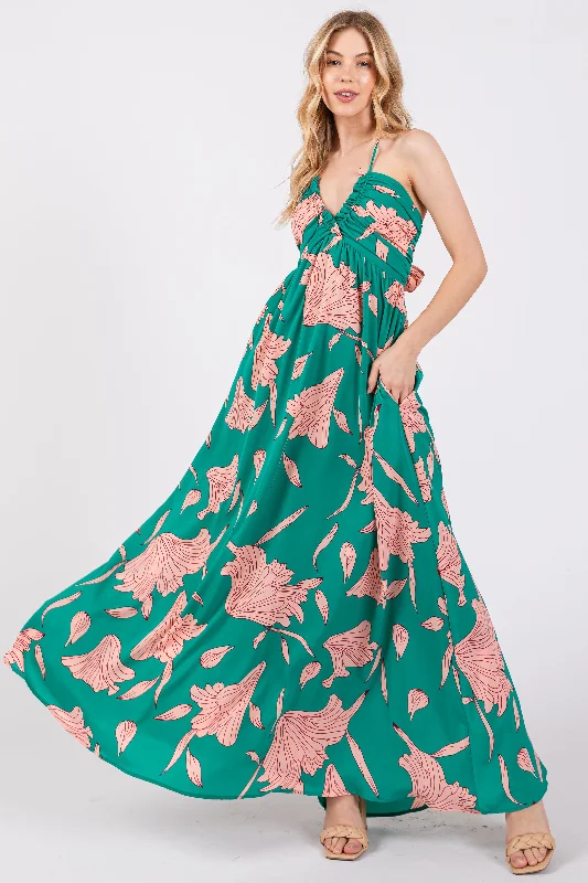 green-floral-chiffon-front-ruched-halter-maternity-maxi-dress